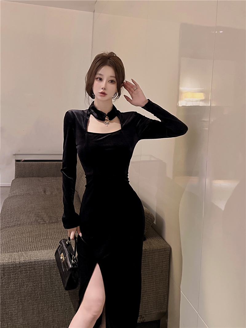 Split temperament halter long dress black France style dress