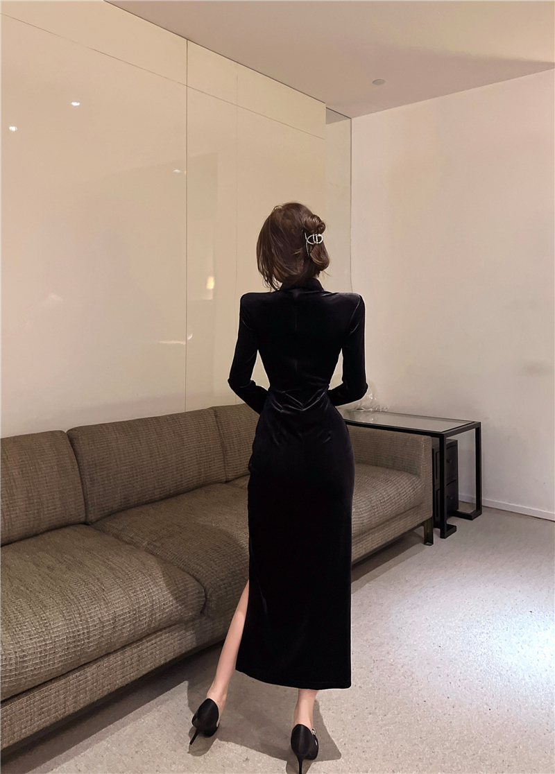Split temperament halter long dress black France style dress