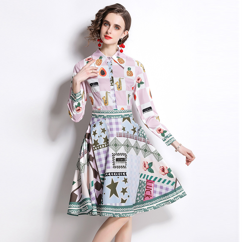 Long sleeve spring lapel printing fashion dress