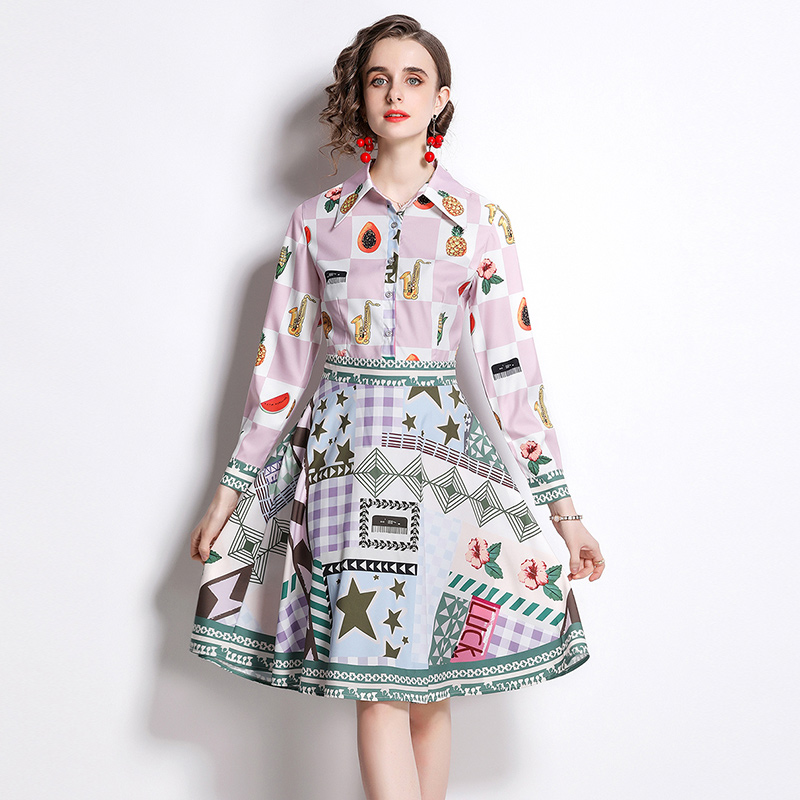 Long sleeve spring lapel printing fashion dress
