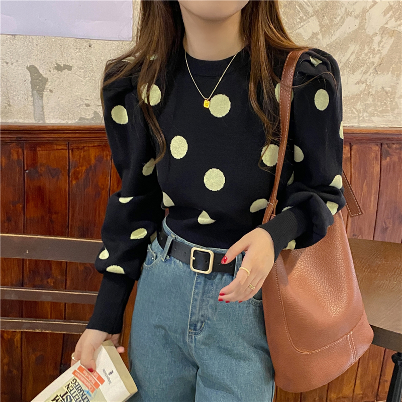 Knitted Korean style tops round neck puff sleeve sweater