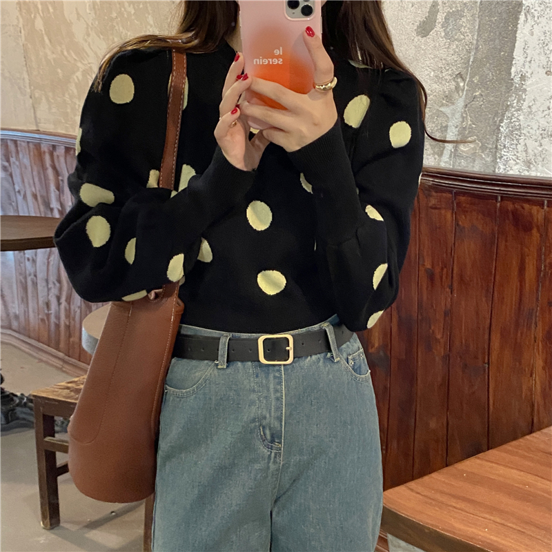 Knitted Korean style tops round neck puff sleeve sweater