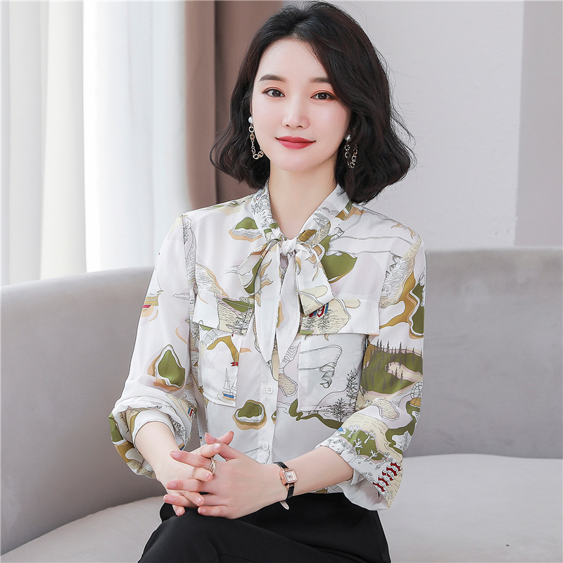 White long sleeve Western style tops spring real silk shirt
