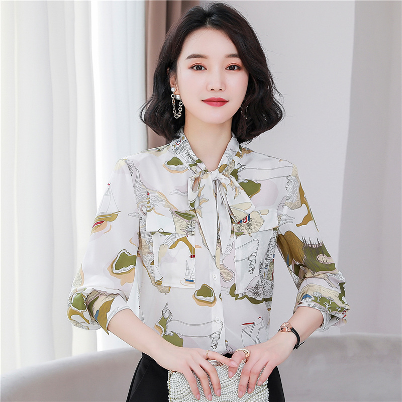 White long sleeve Western style tops spring real silk shirt