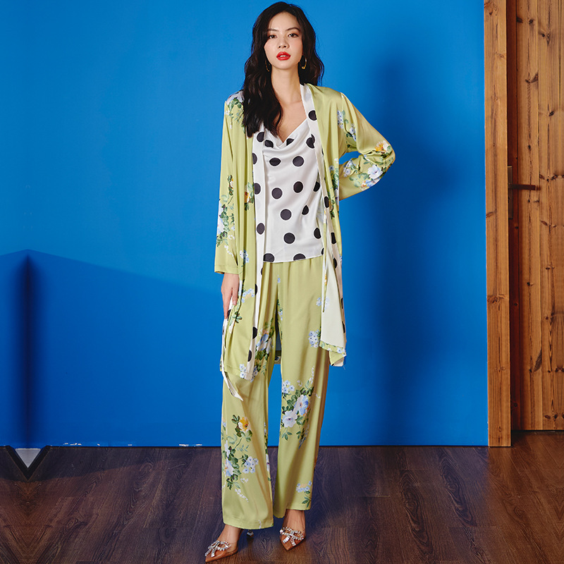 Ice silk long pants long sleeve pajamas 3pcs set for women