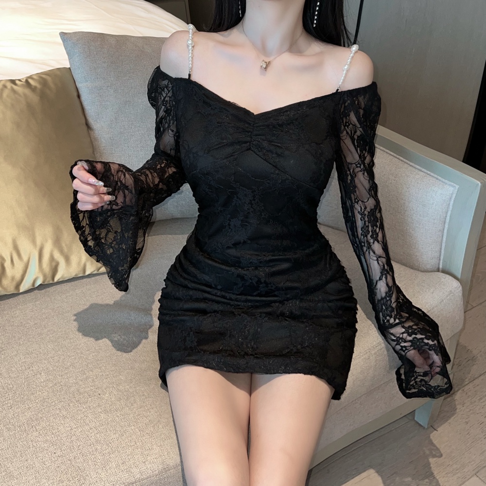 Retro trumpet sleeves lace package hip slim sexy dress
