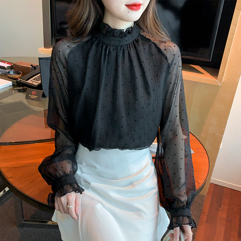 Gauze retro black tops chiffon cstand collar shirt for women