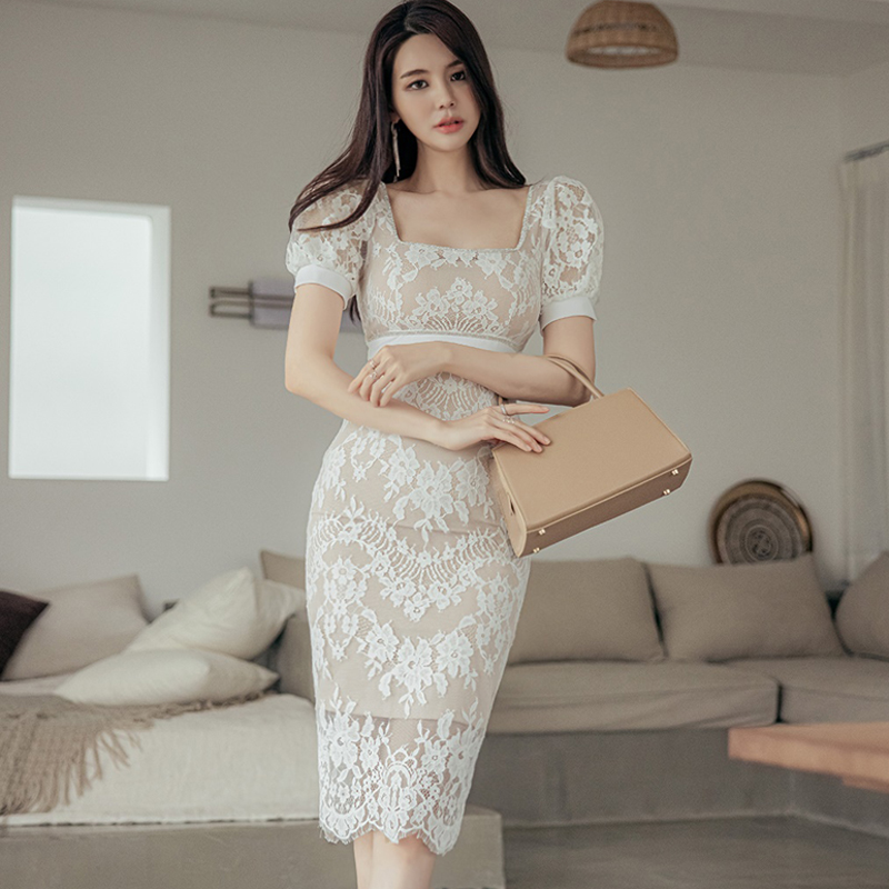 Korean style rhinestone lace temperament dress for women