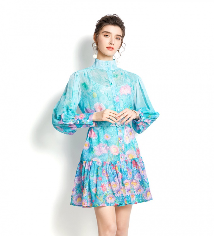 Printing spring lantern sleeve short dress