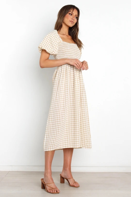 Spring plaid short sleeve big skirt dress