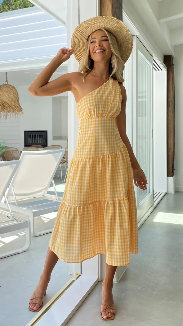 Printing big skirt sloping shoulder plaid dress