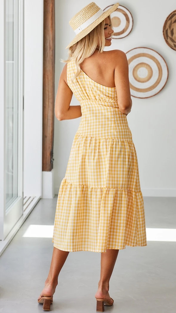 Printing big skirt sloping shoulder plaid dress