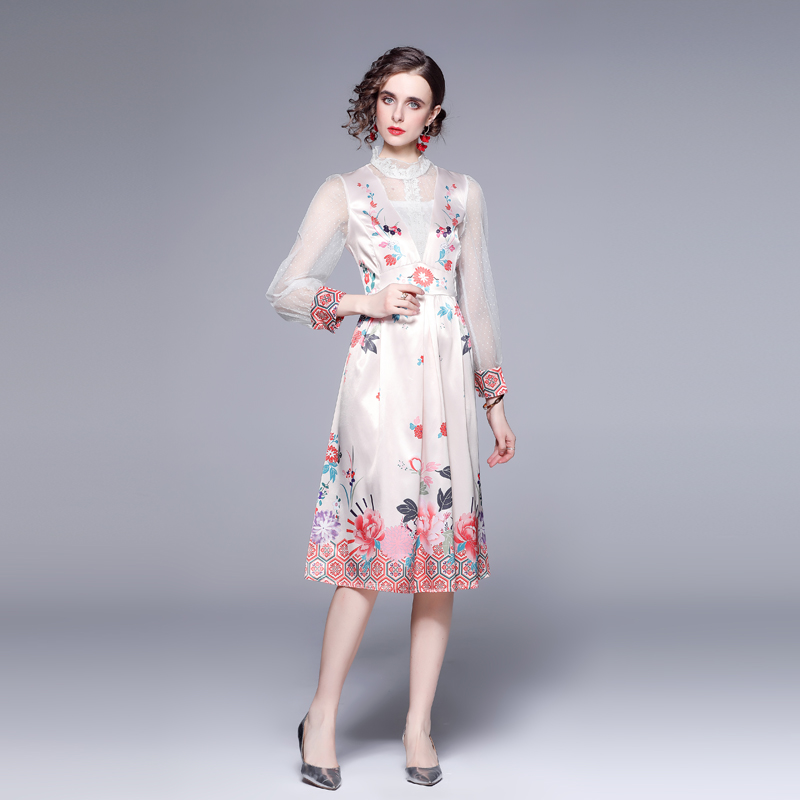 Printing colors fine spring gauze splice big skirt dress