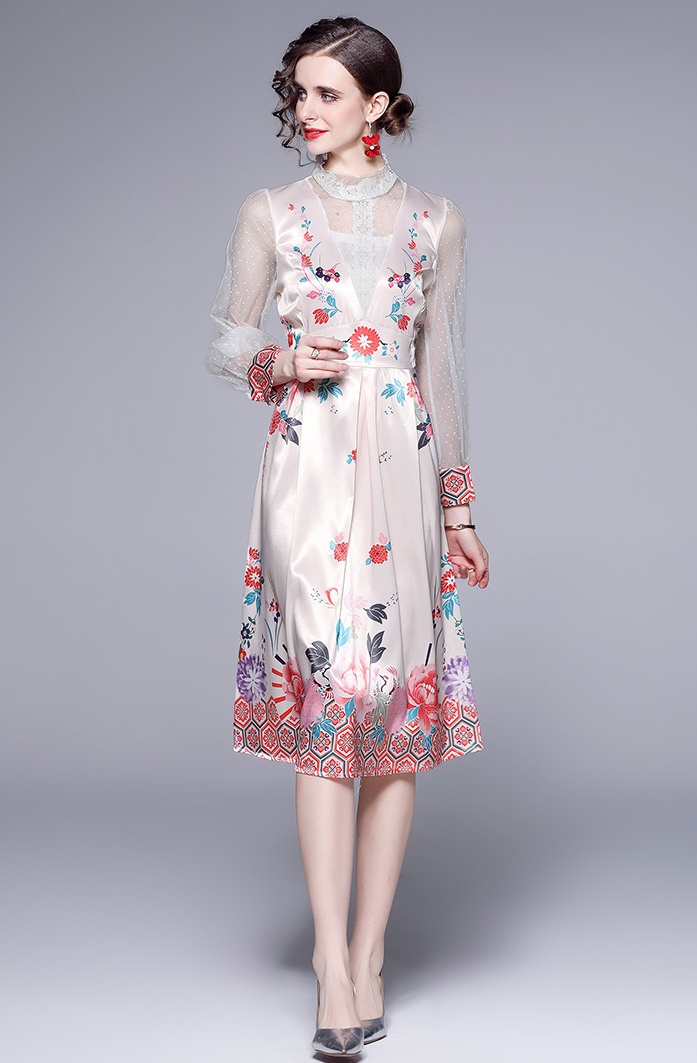 Printing colors fine spring gauze splice big skirt dress