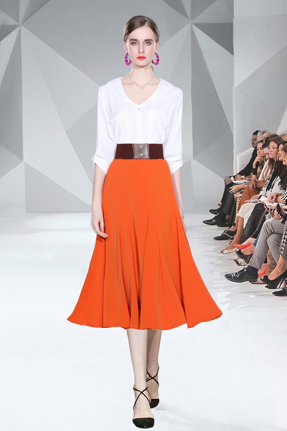 Splice orange refreshing skirt white autumn shirt 2pcs set