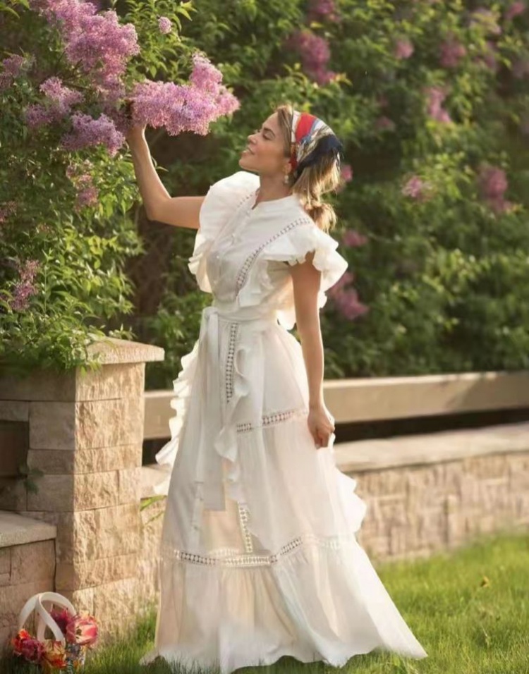 Single-breasted spring splice dress bandage white long dress