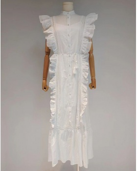Single-breasted spring splice dress bandage white long dress