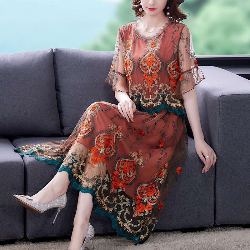 Embroidery temperament gauze Western style retro dress