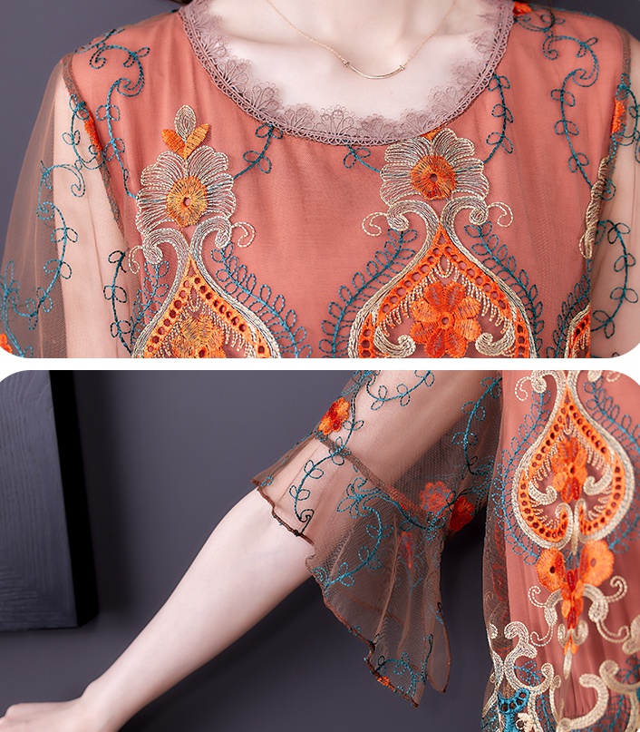 Embroidery temperament gauze Western style retro dress