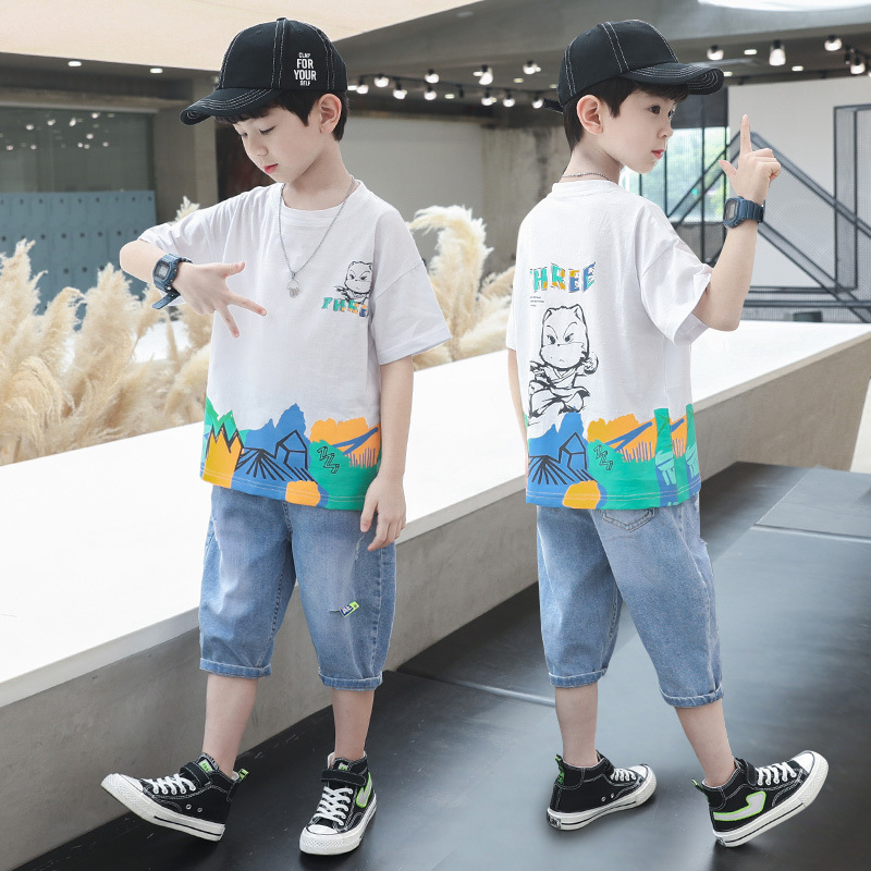 Western style boy summer Korean style big child kids 2pcs set