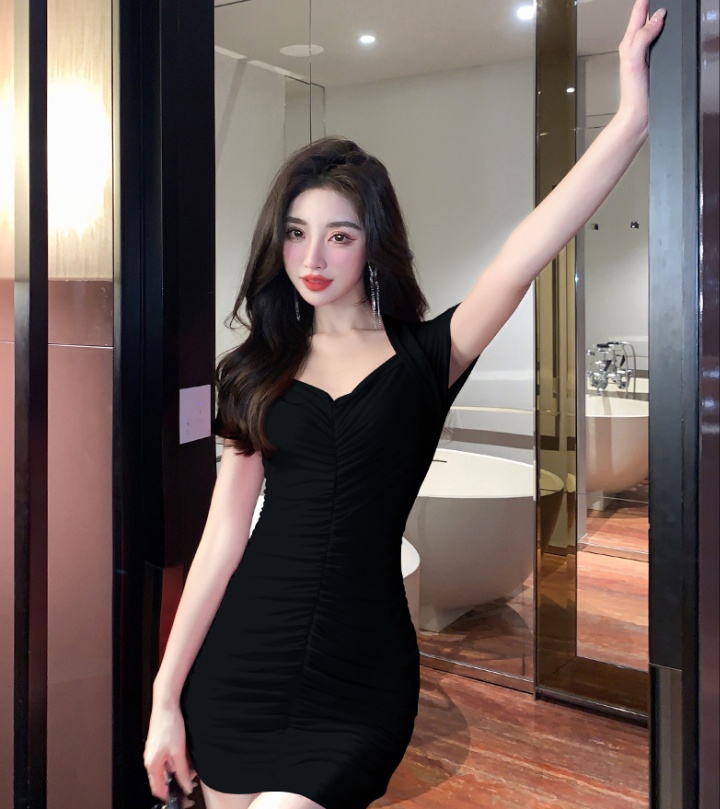 Pinched waist package hip sexy V-neck short sleeve dress