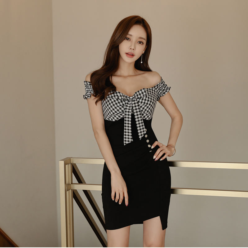 Strapless sexy plaid fashion Korean style ladies dress