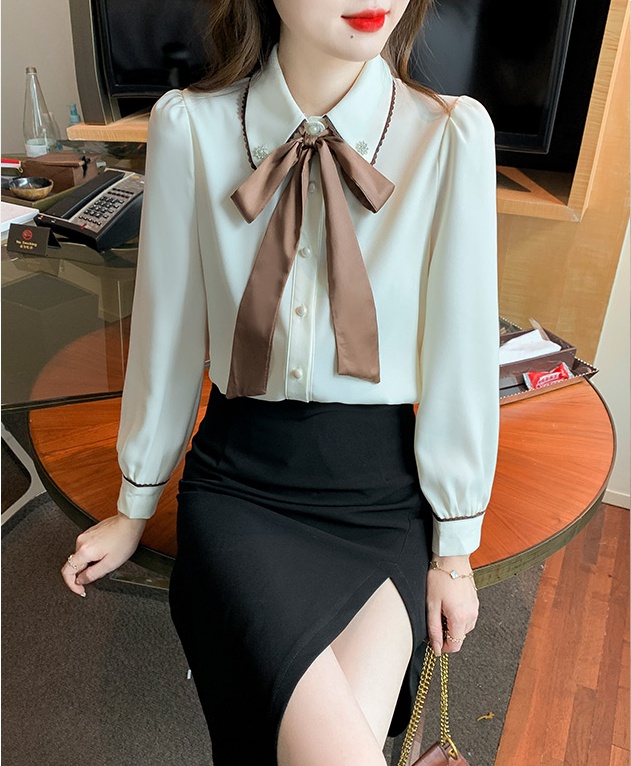 Mixed colors streamer chiffon tops bow spring shirt for women