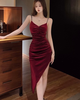 Fold banquet slim dress V-neck all-match formal dress