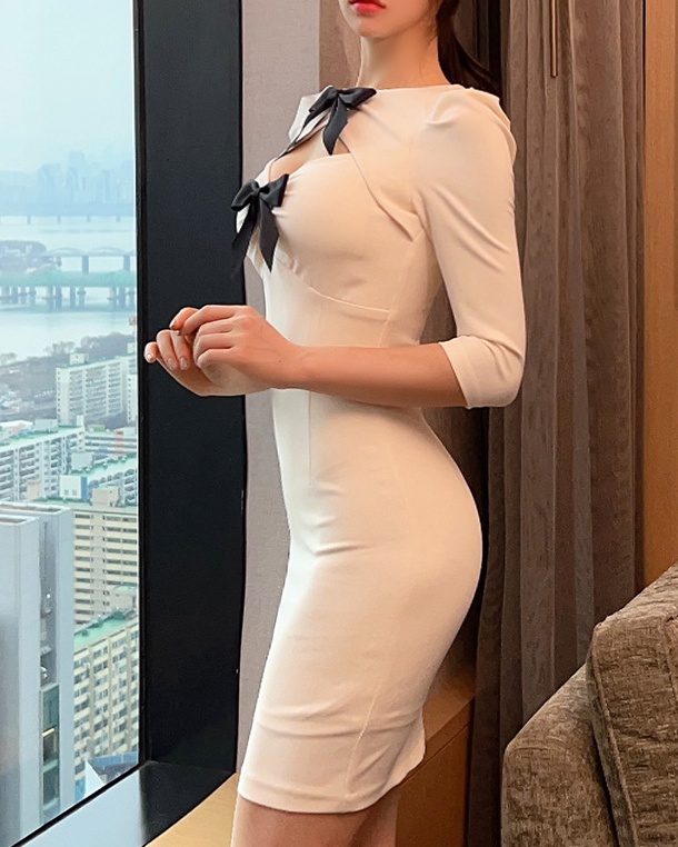 Sexy hollow Korean style slim spring double bow dress