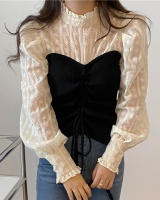 Drawstring lace splice Pseudo-two France style tops