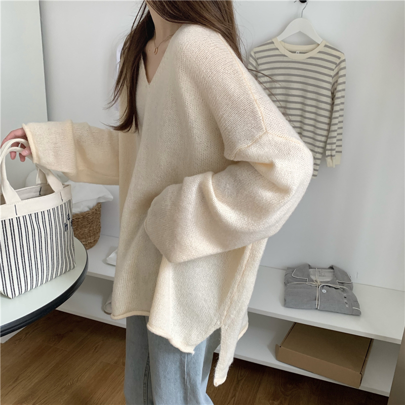 Long Korean style loose tops slim V-neck knitted sweater