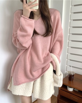 Long Korean style loose tops slim V-neck knitted sweater
