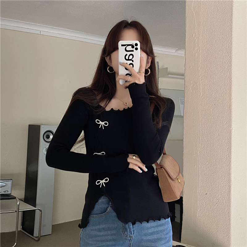 Slit knitted bow big round neck crystal bottoming shirt