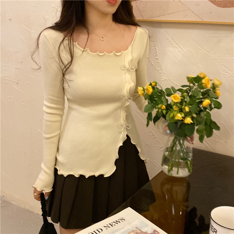 Slit knitted bow big round neck crystal bottoming shirt