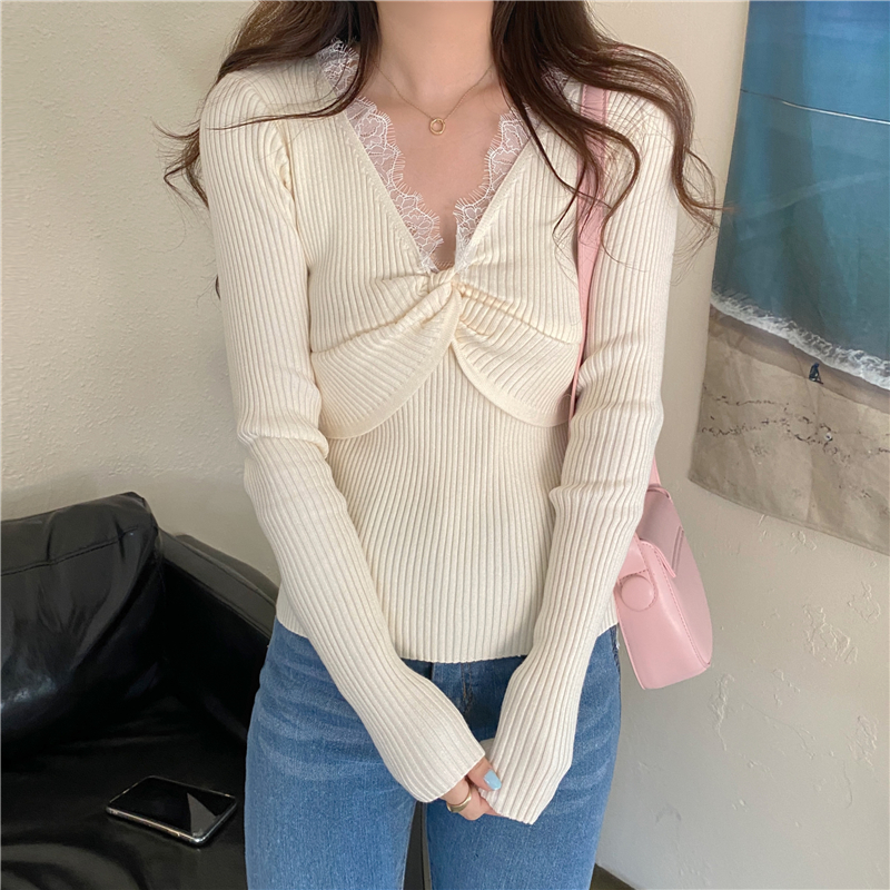 Knitted lace cross spring stitching bottoming shirt