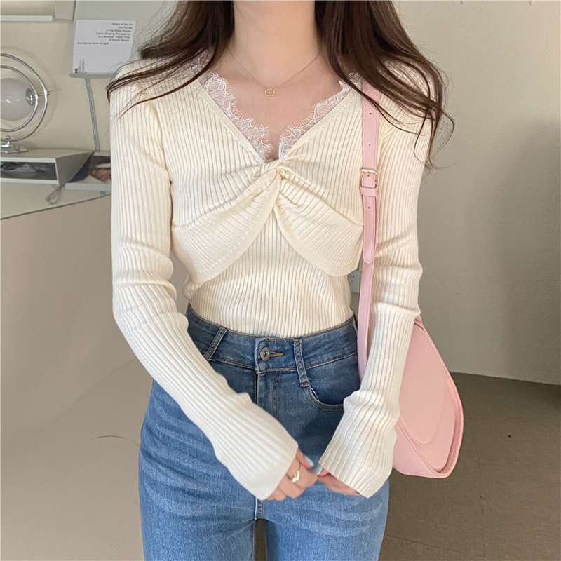 Knitted lace cross spring stitching bottoming shirt