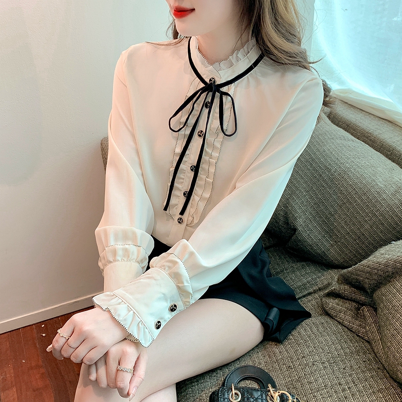 Spring bow tops long sleeve court style shirt for women