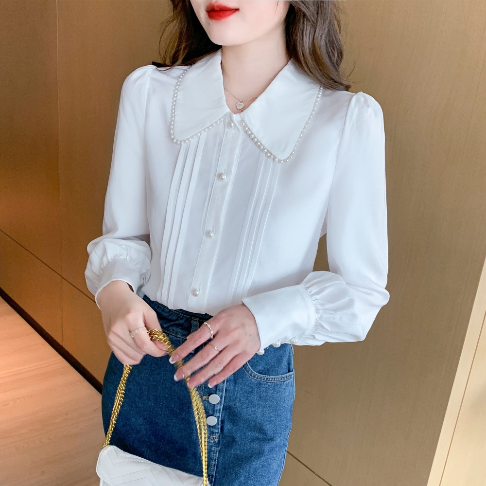 Long sleeve beading tops Korean style small shirt