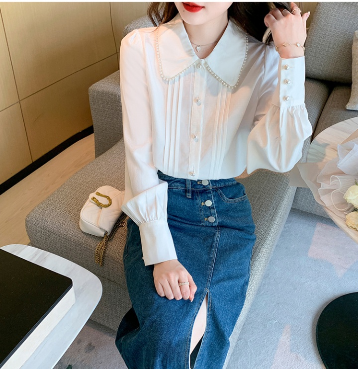 Long sleeve beading tops Korean style small shirt