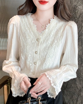 Beautiful lace chiffon shirt V-neck spring tops