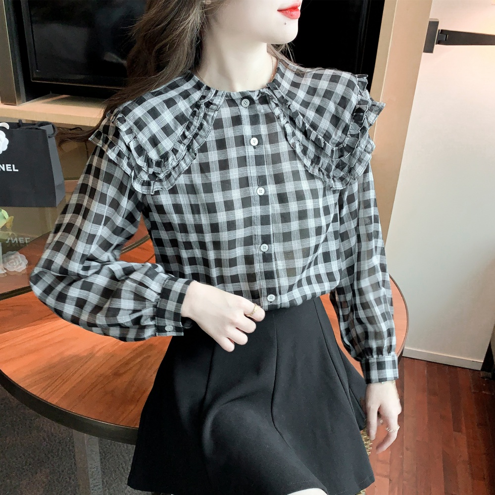 Long sleeve plaid chiffon shirt Korean style thin tops