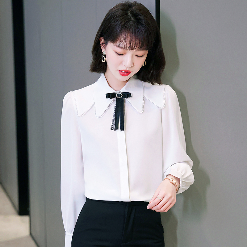 Long sleeve all-match spring splice bow shirt for women