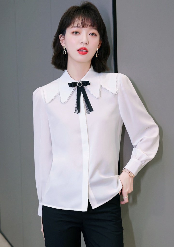 Long sleeve all-match spring splice bow shirt for women