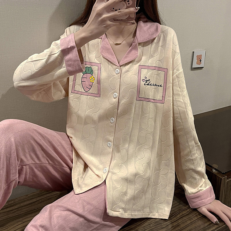 Spring thin cotton Casual long sleeve pajamas 2pcs set for women