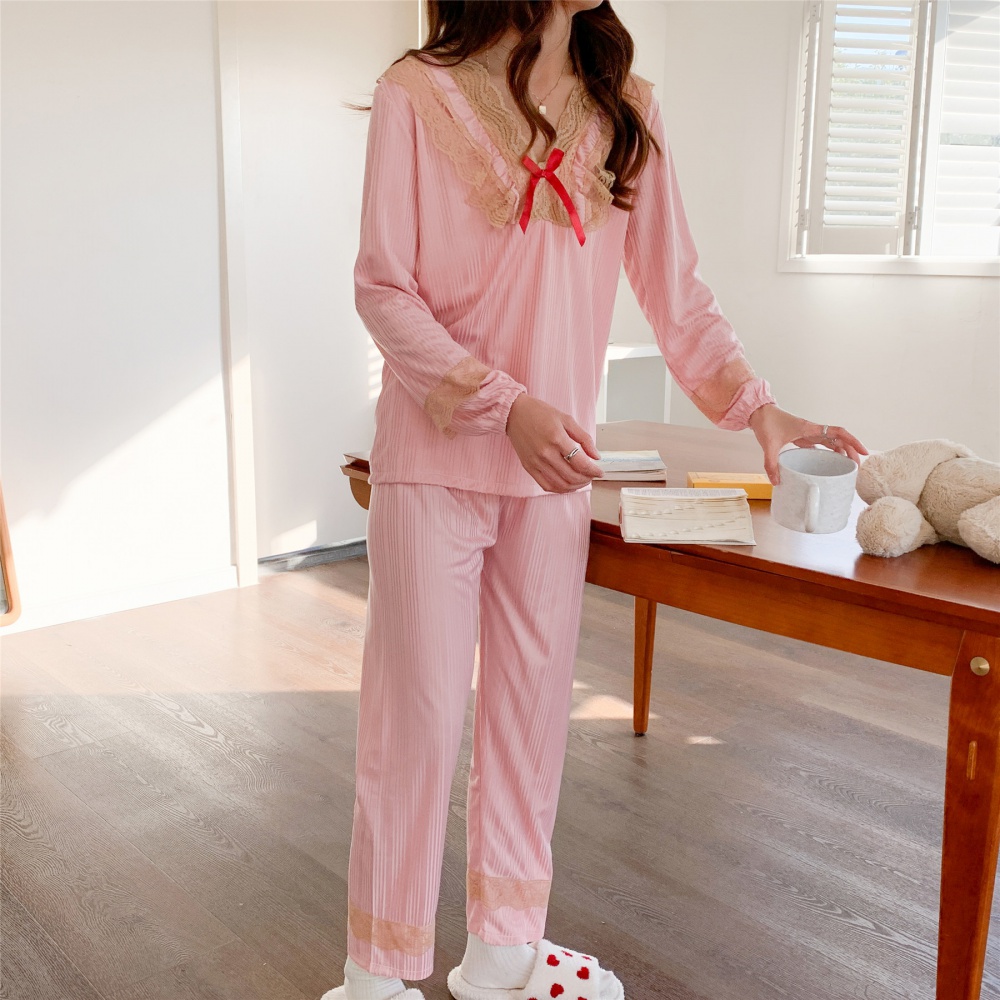 Long sleeve homewear spring pullover lace pajamas a set
