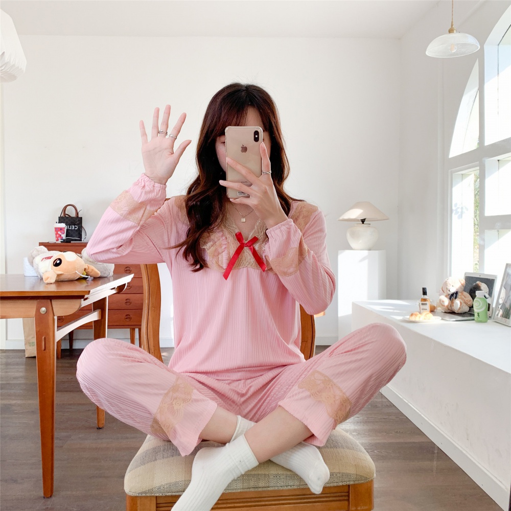 Long sleeve homewear spring pullover lace pajamas a set
