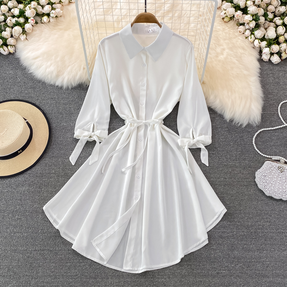 Single-breasted long dress pinched waist shirt