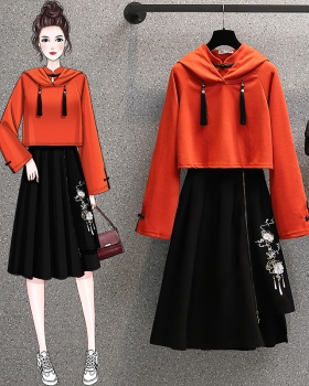 Short skirt Chinese style hoodie 2pcs set for women