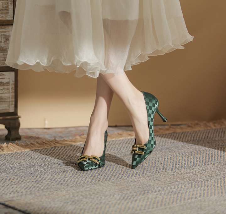 Green high-heeled shoes chessboard shoes for women