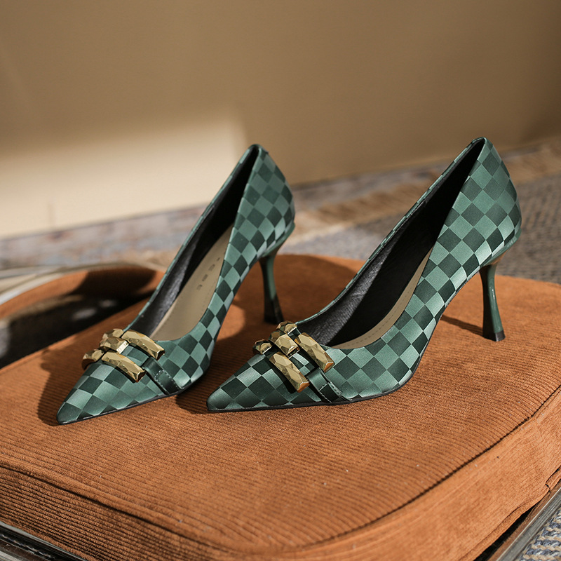 Green high-heeled shoes chessboard shoes for women